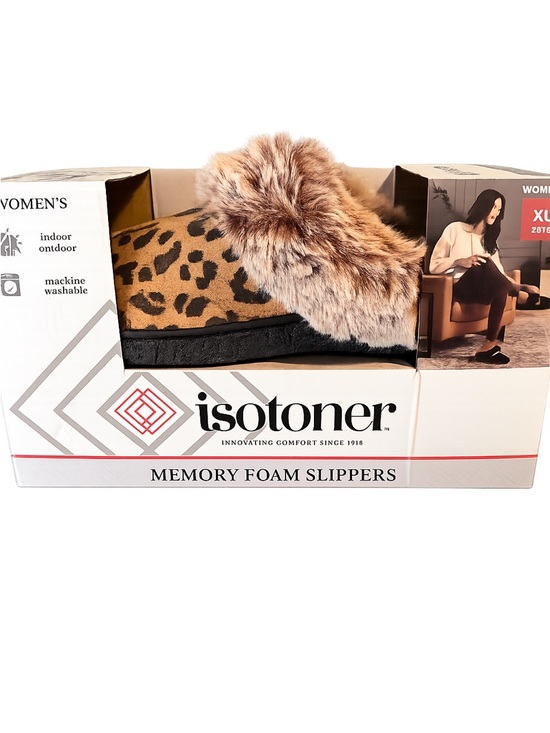 isotoner Shoes - Isotoner Leopard Print Slip-On Slippers with Faux Fur Trim